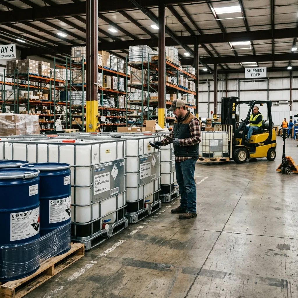 Palleted wholesale chemical containers labeled for shipping