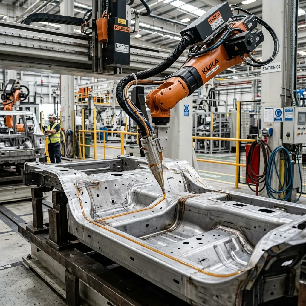 High-precision industrial robotic arm applying amber structural epoxy adhesive bead onto a steel chassis
