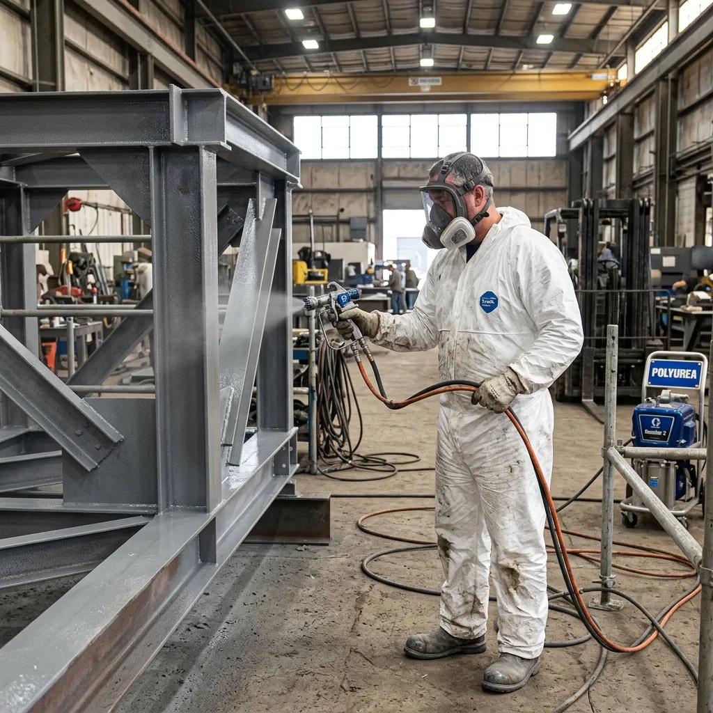 Industrial applicator applying high-performance grey polyurea protective coating to a steel structure